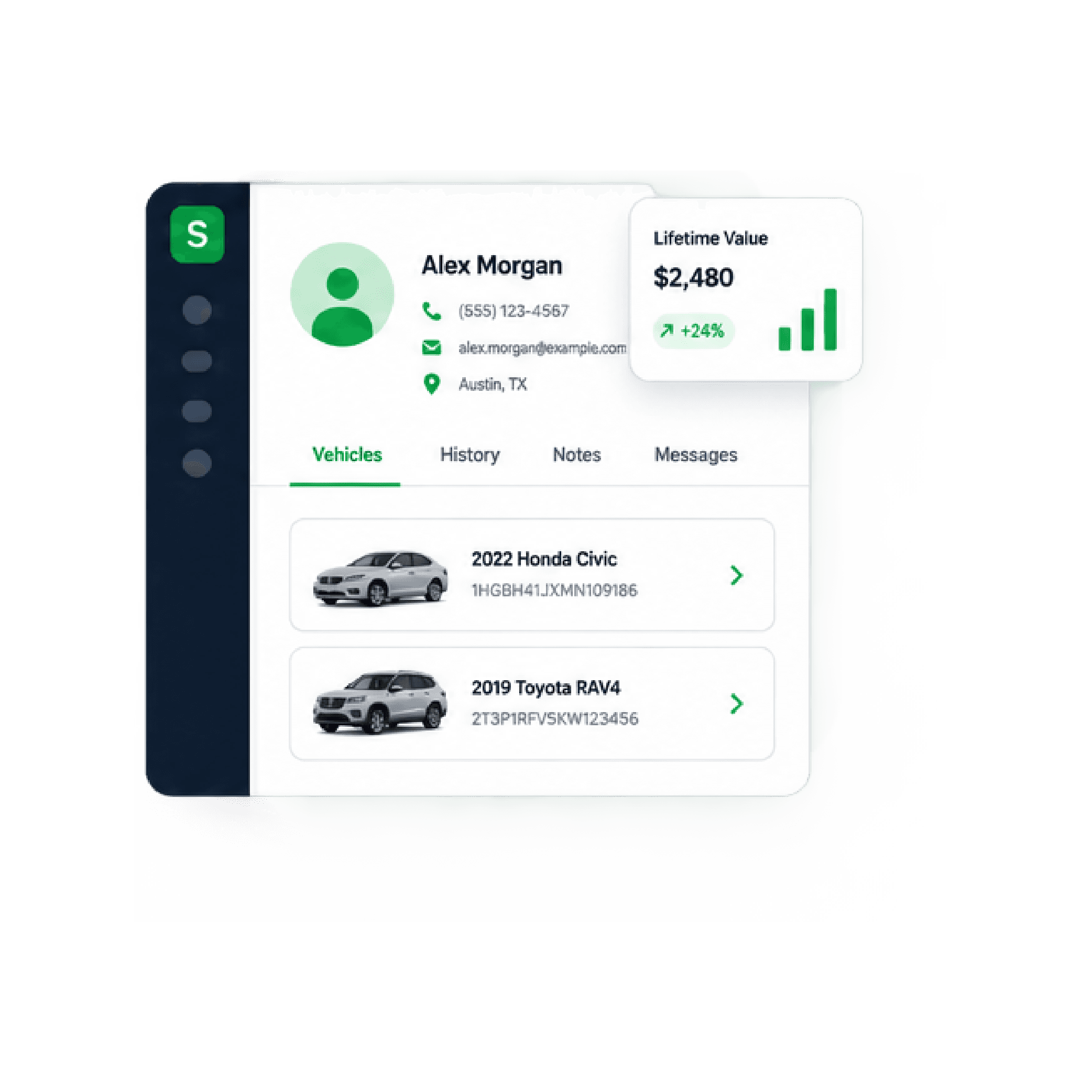 Illustration of a Shopbook customer profile with vehicles and history.