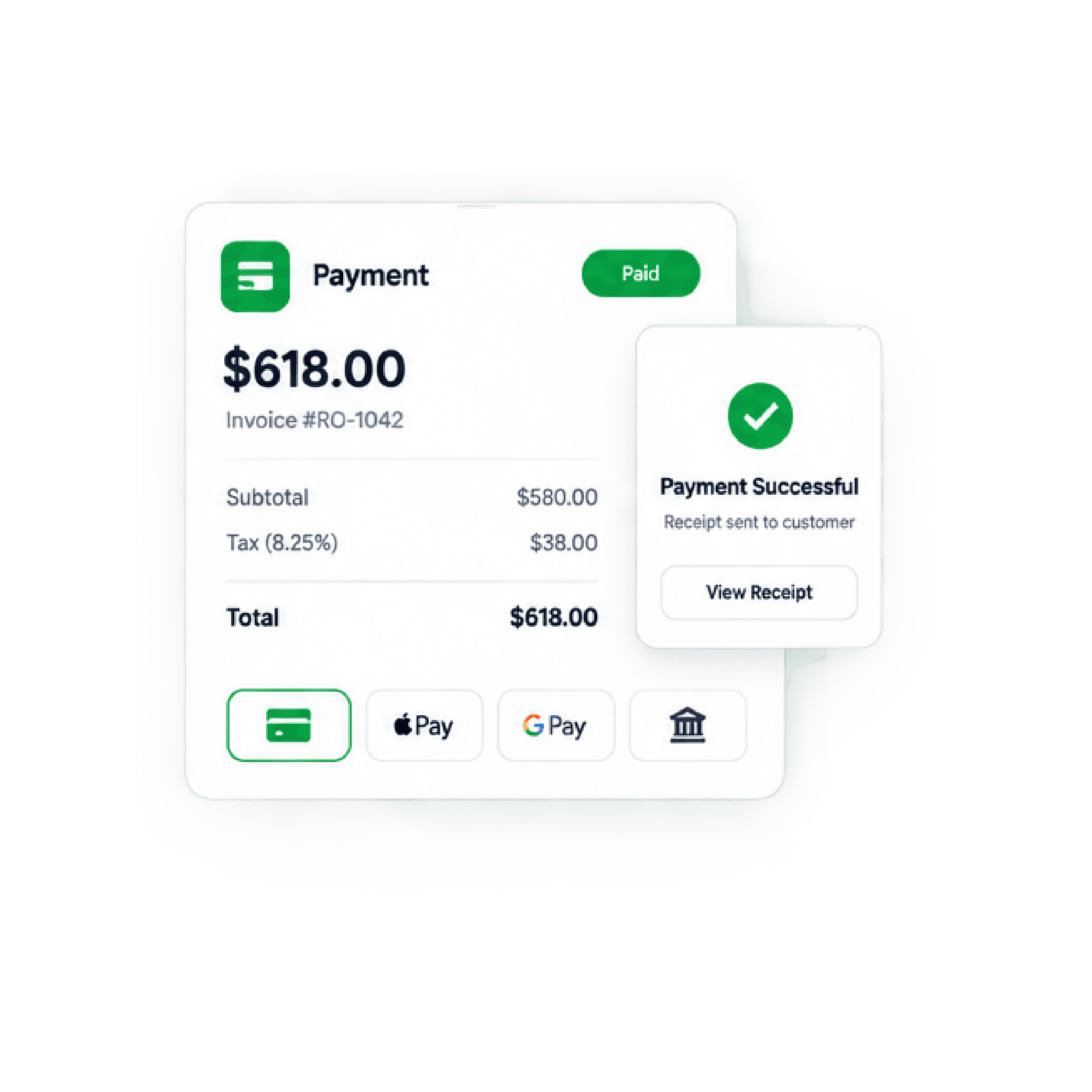 Illustration of a paid Shopbook invoice settling to the shop's account.