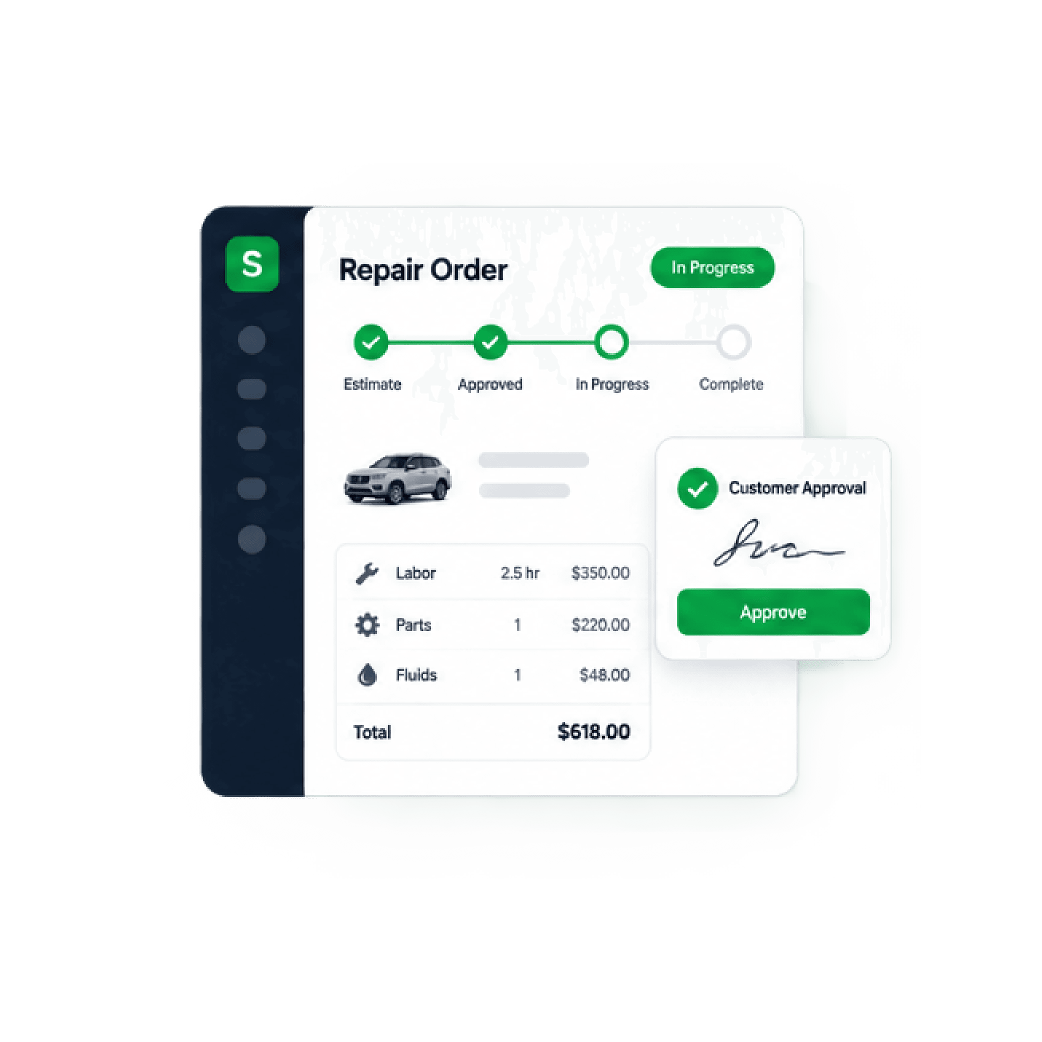 Illustration of a Shopbook repair order: estimate to complete, with the customer's one-tap approval.