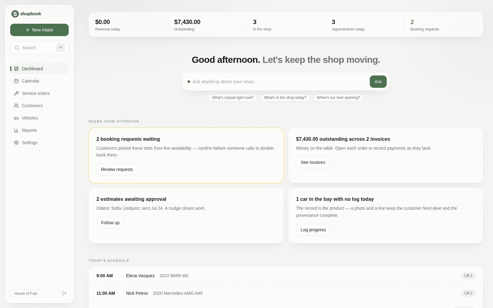 The Shopbook dashboard: live metrics, an ask-anything assistant, and cards for what needs your attention.
